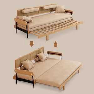 Sofá Cama de Madera de Teca con Estructura Extensible Deslizante, Detalle de Respaldo de Ratán y Soporte de Múltiples Cojines para un Espacio de Vida Flexible - Product Image 1