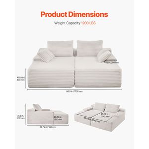 82.7 di grandi dimensioni in velluto a coste Beige sezionale divano Loveseat doppia Chaise Lounge per soggiorno - Product Image 3