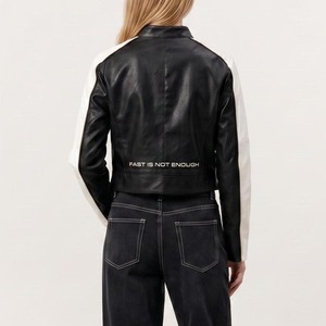 Women's Racing Leather <b>Jacket</b>, Cropped Black Red <b>White</b> Moto <b>Jacket</b> - Product Image 3