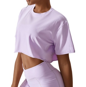 T-shirts de sport de haute qualité à col rond et manches courtes pour femmes, crop top anti-boulochage respirant - Product Image 1