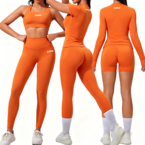 Ensemble de yoga 3 pièces sans couture pour femme OEM : T-shirt, short cycliste, haut long, soutien-gorge de sport taille haute respirant et écologique - Product Image 1