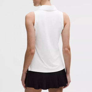 Polo blanc sans manches pour femme, couleur unie, coton piqué, décontracté, respirant, longueur normale - Product Image 2