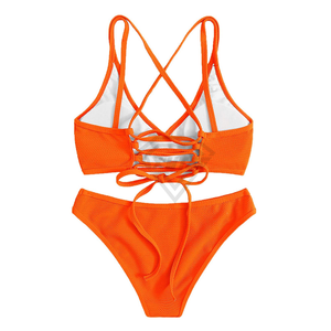 Women's Orange Bikini Set <b>Crossed</b> Halter <b>Top</b> Thong Bottom Solid Color Stretch Swimwear ladies bikini two piece set - Product Image 4