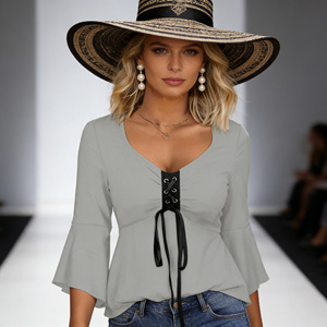 เสื้อเบลาส์ทรงเปปลัมแขนกระดิ่งผูกเชือก คอวี แต่งลูกไม้ สีพื้น เรียบหรู สไตล์ลำลอง สำหรับใส่ในชีวิตประจำวัน ลดราคาสุดฮอตที่ Temu - Product Image 4