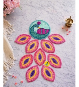 ชุดเสื่อปูพื้นลายขนนกยูงอินเดีย แพ็ค 10 ชิ้น ซักได้ กันน้ำ สำหรับตกแต่งพื้นในเทศกาลดิวาลี ตกแต่งทางเข้าบ้าน - Product Image 3