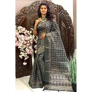 DISEÑADOR ALGODÓN IMPRESIÓN DIGITAL TRABAJO SAREE CON BLUSA DESCOSADA AZUL - Product Image 1