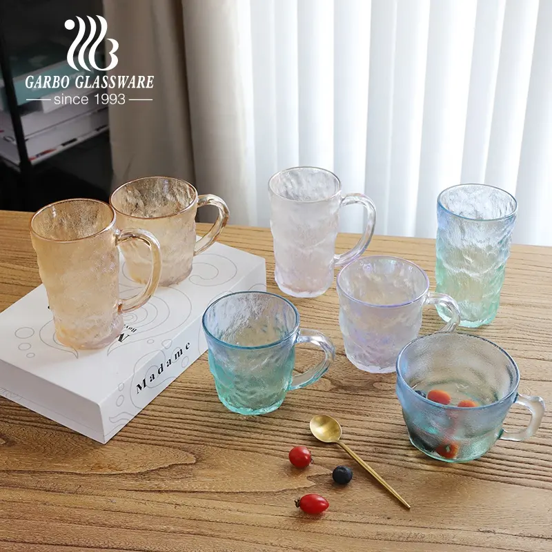 Rusia Polonia Europa Venta caliente Taza de vidrio de 300ml Cristalería de color personalizada Patrón de glaciar Taza de té de café de vidrio con asa