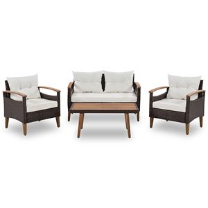 Set di Mobili da Giardino GO in 4 Pezzi, Divano in Rattan PE Marrone e Beige con Tavolo in Legno e Gambe, Set da Esterno per Patio - Product Image 5