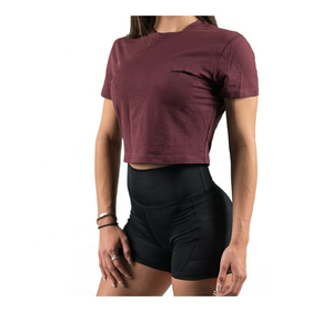 Women's <b>Maroon</b> Crop <b>Top</b> Short Sleeve Crew Neck Slim Fit Solid Color Casual T-Shirt Breathable Jersey Knitted Spring Summer Wear - Product Image 5