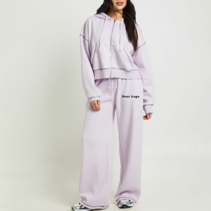 Survêtement zippé pour femme en molleton 100% coton, coupe classique, avec logo brodé personnalisé, style hip-hop avec surpiqûres contrastées, pour l'hiver, OEM - Product Image 1