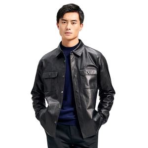 Veste en cuir rétro vintage à coupe cintrée pour homme Manteau d'automne en peau de mouton à revers court avec fermeture à glissière et bouton de décoration de style sportif - Product Image 1
