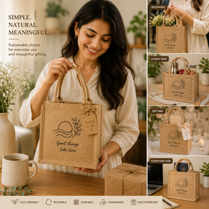 Bolsa de Compras de Yute Ecológica, Tamaño Mediano, Moderna, Reutilizable, Promocional, Diseño 'Good Things Take Time' - Product Image 3