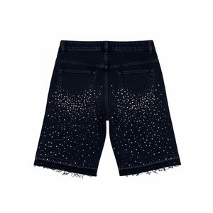 Shorts en jean pour homme, style vintage délavé noir, avec strass Good Child - Product Image 3