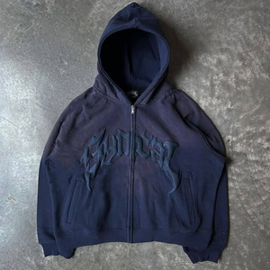 Sweat à capuche zippé gaufré pour homme, coupe oversize streetwear, bleu foncé, en coton French Terry, logo frontal, anti-boulochage, idéal pour l'automne - Product Image 5