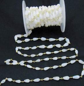 3- Feet Natural White <b>Rainbow</b> Moonstone Plain Smooth <b>Drop</b> Shape Beaded Rosary Chain - Product Image 3