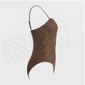 NORTH SOUTHERN Women's Brown One-Piece Swimsuit With Plant Pattern Hollow Out Design Plunge Neck Stretch Knitted Bodysuit - Product Image 4