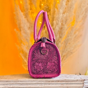 New Handcrafted Western Stylish Hand Tooled Florals Carved With Single Stone Studded 100% Genuine Leather <b>Mini</b> Speedy Duffle Bag - Product Image 6