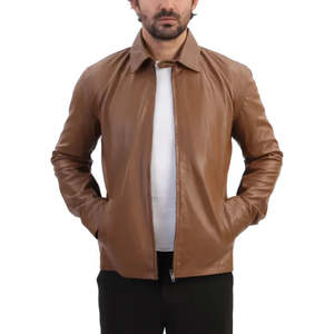 Classic Lightweight Soft <b>Sheepskin</b> <b>Men's</b> Brown Leather <b>Jacket</b> Plus Size - Product Image 3