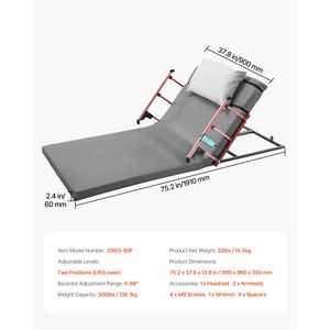 Schienale Elettrico per Letto con Capacità di 136 kg, 46 Livelli di Regolazione, Sollevabile e Pieghevole, con Sponda di Protezione per Lettura e Riposo a Letto - Product Image 4