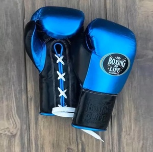 No Boxing No Life Mexican Boxing Gloves Blue Black Lace-Up Premium Leather Stretch Adjustable Wrist <b>Strap</b> Breathable Adult - Product Image 4