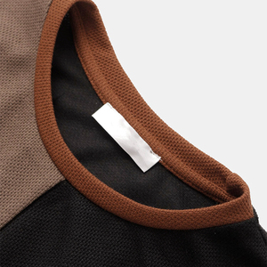 Men's Color Blocked Short Sleeve T-<b>Shirt</b> O-Neck Knitted Regular Fit Casual <b>Patchwork</b> Design Brown Black - Product Image 3