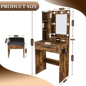 Tavolo da Trucco Compatto con Luce LED Regolabile, Presa di Corrente e Supporto per Asciugacapelli, Sgabello per Spazi Ristretti - Vanità per il Trucco - Product Image 3
