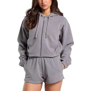Sweat-shirt court oversize pour <span class=keywords><strong>femme</strong></span>, couleur unie, en molleton, avec capuche, <span class=keywords><strong>pull</strong></span> d'hiver, sweat à capuche court - Product Image 1