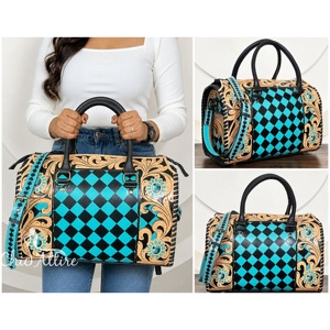 2026 New Custom Hand <b>Tooled</b> <b>Leather</b> Large Speedy Bag Turquoise & Black Diamond Checkered Design Handmade Shoulder Duffle Bags - Product Image 1
