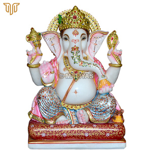 Estatua de Ganesha de Mármol Puro con Arte Floral Pintado a Mano |   Ídolo de Lujo del Dios Ganesha |   Murti de Ganpati en Mármol Premium para Templo en Casa - Product Image 2