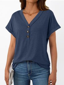 Women's <b>Navy</b> Blue V-Neck Short Sleeve Knitted T-Shirt With Button Detail Loose Fit Casual Solid Color Spring Summer <b>Top</b> - Product Image 2