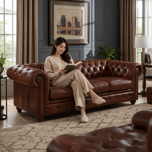 Sofá Chesterfield de Cuero Marrón Premium de 3 Plazas con Brazos Enrollados y Respaldo con Botones, Muebles Elegantes para Sala de Estar - Product Image 3