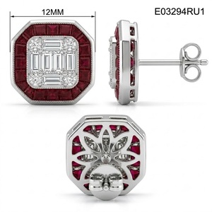 Pendientes Art Deco de Oro Blanco Sólido de 18K con Rubí Rojo, Diamantes Baguette en Racimo, Halo Octagonal, Joyería Fina al por Mayor - Product Image 5