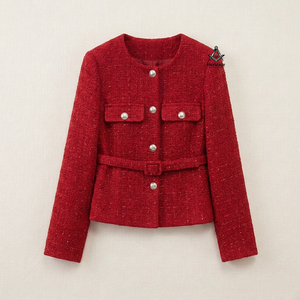 Blazer de Lana Tweed Rojo para Hermandades y Fraternidades Masónicas, Cuello Redondo, Manga Larga, Cierre de Botones, Blazer de Invierno - Product Image 1