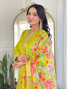 Ensemble Kurti droit en viscose Chanderi couleur citron pour femme, avec pantalon en viscose et dupatta imprimé, à prix avantageux - Product Image 3