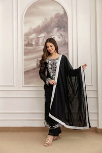 TENNECY Designer Heavy Faux Georgette <b>Top</b> Plazzo Dupatta Set <b>Wedding</b> Party Wear Heavy Embroidery Stretchable Reversible - Product Image 2
