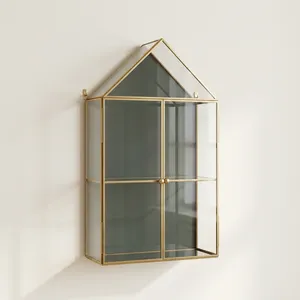 Artisan Design Modern Brass/Glass/Mirror Hut Shape <b>Wall</b> <b>Mounted</b> Double Tier Storage Cabinet with Decorative <b>Shelf</b> - Product Image 3