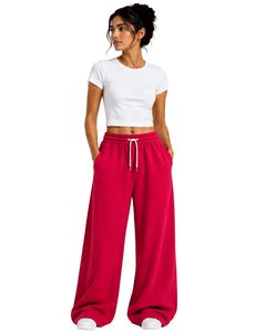 Pantalones de chándal anchos de cintura alta para mujer, color rojo cereza, estilo casual, holgados, de felpa, con cordón y bolsillos. - Product Image 1