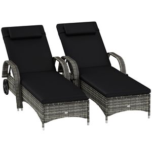 Moderne Sedie a Sdraio Rotolanti da Esterno in 2 Pezzi, Nere con Cuscino, Poggiatesta e Braccioli per Relax a Bordo Piscina - Product Image 1