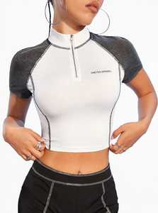ONETEN APPAREL Top Corto de Yoga para Mujer, Transpirable, Ajustado, Blanco, con Cuello Simulado de Media Cremallera, Logotipo Frontal y Bloques de Color - Product Image 1