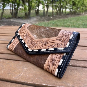 Western Tooled Hair-On Cowhide Leather Ladies <b>Wallet</b> | Handcrafted Floral Carved Long Clutch <b>Purse</b> - Product Image 4