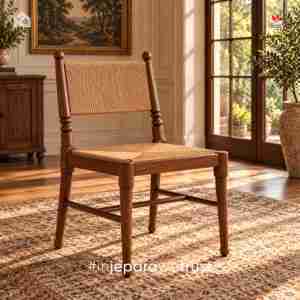 Silla de Comedor de Madera de Teca Sólida Clásica Americana Vintage de Lujo con Asiento y Respaldo de Cuerda Tejida Natural para Hogar, Restaurante, Hotel - Product Image 1
