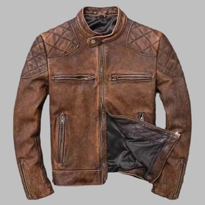 เสื้อแจ็คเก็ตหนังสีน้ำตาลสไตล์คาเฟ่เรเซอร์สำหรับผู้ชาย - Product Image 1