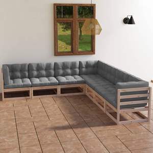 Ensemble de salon de jardin en bois naturel avec coussins gris - Product Image 1