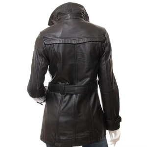 Women's <b>Genuine</b> Leather Hooded Long Motorcycle Jacket With Adjustable Waist Belt Windproof Autumn Style - Product Image 2