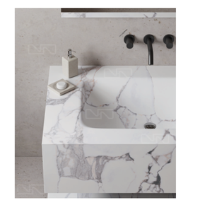 Lavabo de salle de bain rectangulaire en marbre à poser sur comptoir, avec meuble en bois, design moderne, finition plaquée or, égouttoir 12L - Product Image 1