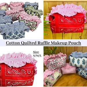 Soft cotton cosmetic organizer with decorative frill zipper <b>makeup</b> <b>case</b> travel quilted pouch beauty essentials holder For Gifts - Product Image 1