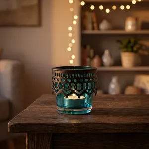 Cylinder <b>Glass</b> Votive Candle Jar With Black Metal Top <b>Heat</b> <b>Resistant</b> Home Decoration - Product Image 1