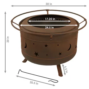 Rustic Iron Fire Pit With Star And Moon Cutouts 20 In Height Outdoor Wood Burning Fireplace With Poker Included - Product Image 1