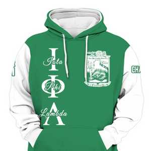 Sudadera con Capucha de la Hermandad Iota Phi Lambda, Color Verde Esmeralda con Mangas Blancas, Sudadera Personalizada con el Capítulo 1929 para Mujer - Product Image 4