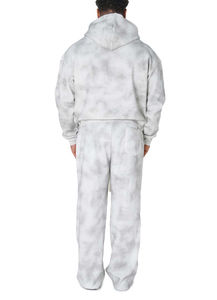 Ensemble survêtement homme streetwear personnalisé en molleton épais délavé à l'acide avec sweat à capuche zippé et pantalon de jogging – Blanc et gris – Vente en gros - Product Image 3
